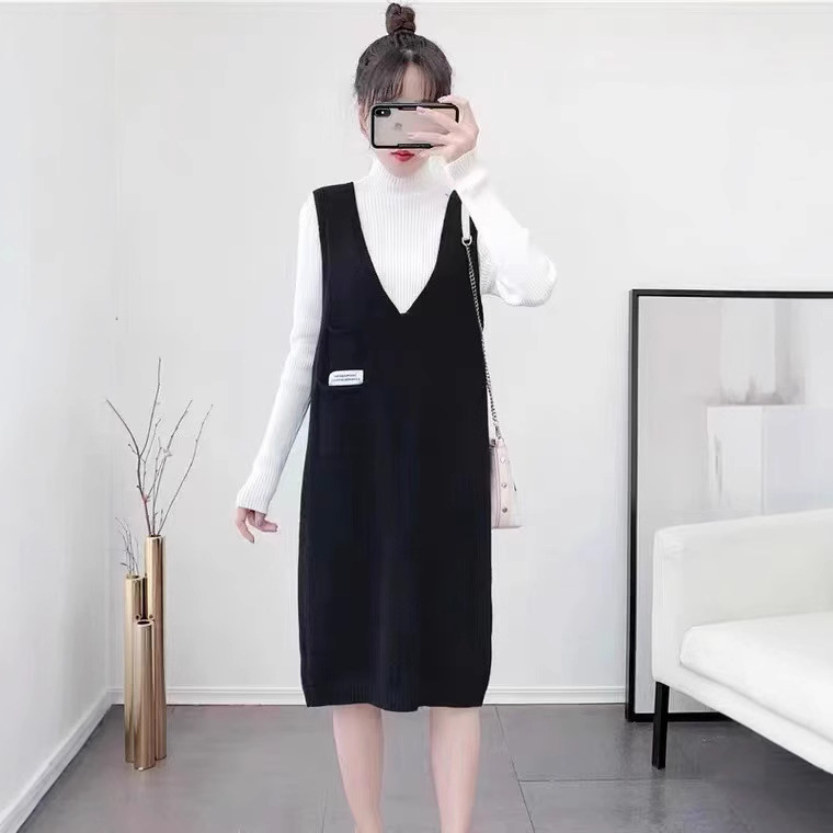 (2개) 가을과 겨울 느슨한 외부 중장 조끼 원피스 여성을위한 새로운 올 매치 V 넥 니트 스웨터 스트랜드 스커트