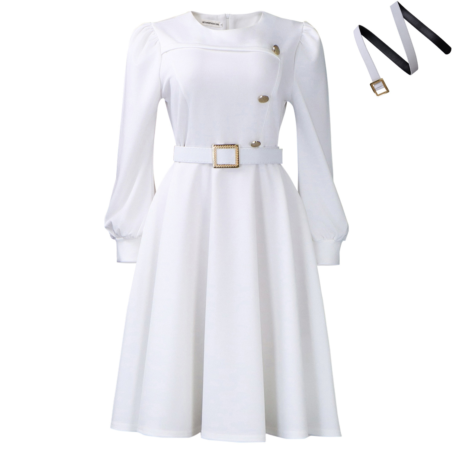 Women's Elegant Long-Sleeve Solid Color High Waist Party A-Line Dress