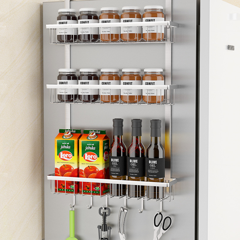 주방 수납 랙 블랙 냉장고 측면 장착 전자 레인지 측면 장착 다목적 신선 보관 백 펀치 프리 조미료 보관 랙