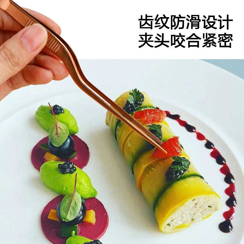 Chef engrosado color pistola tipo clip de alimentos pinzas de forma especial plato de acero inoxidable plato frío plato caliente clip de comida molecular
