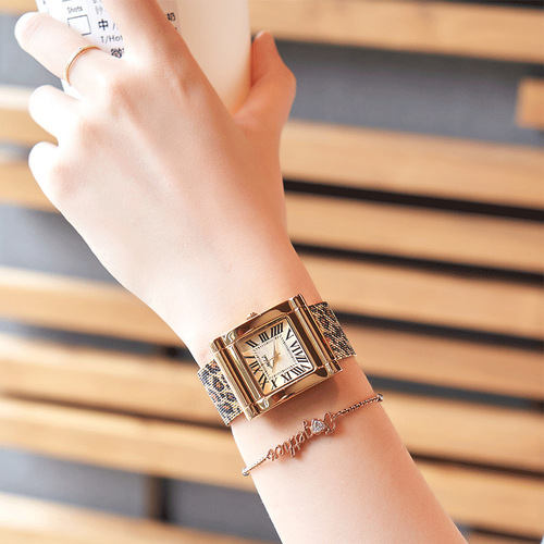 Internet celebrity trendy fashion steel strap leopard print mesh band square dial brand watch women's watch European style personality