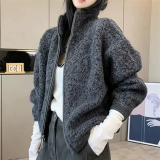 韩系立领拉链针织开衫2026秋冬宽松百搭休闲外穿慵懒风毛衣女外套