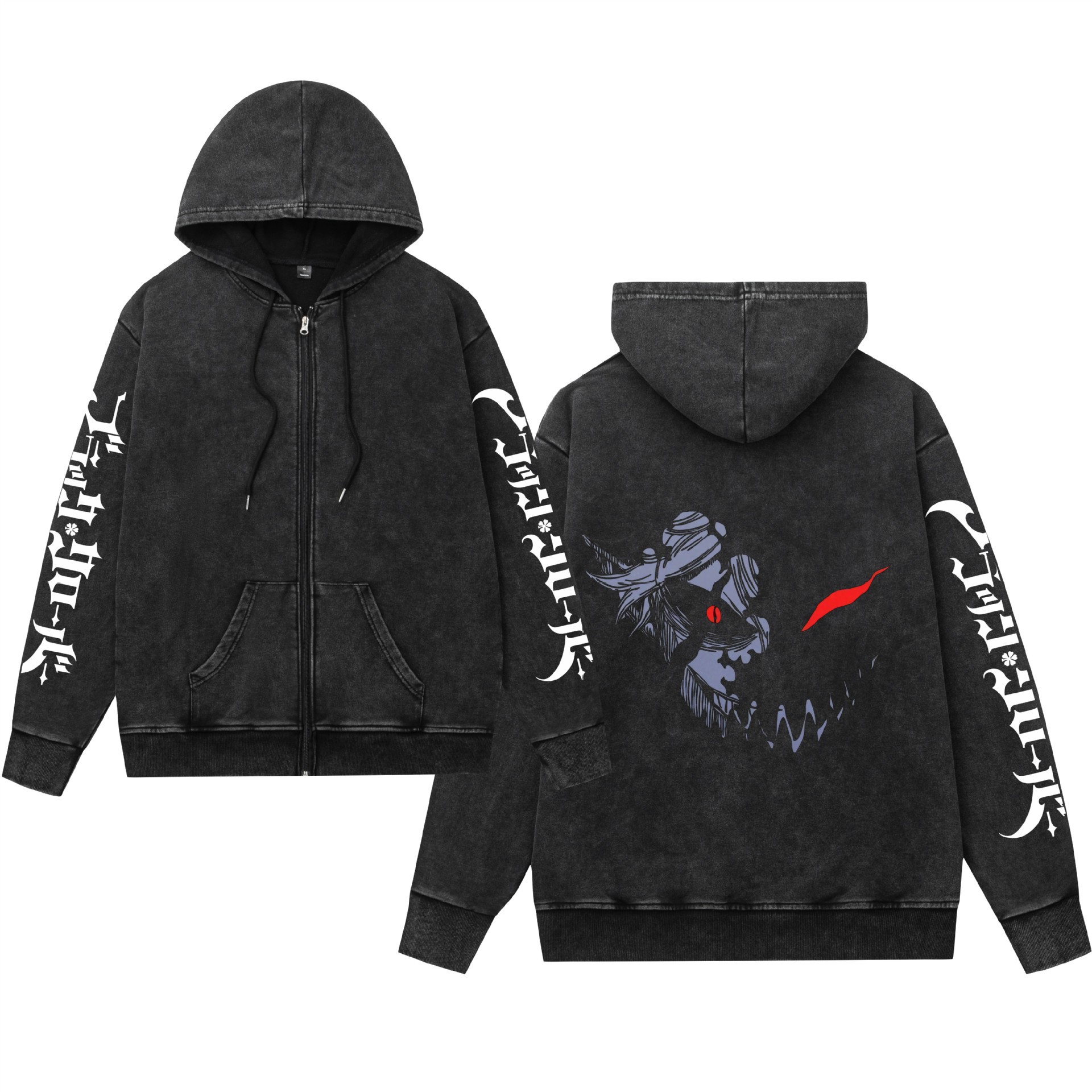 Comercio exterior lavado y desgastado suéter retro con capucha cremallera trébol de cuatro hojas negro estampado hombres y mujeres