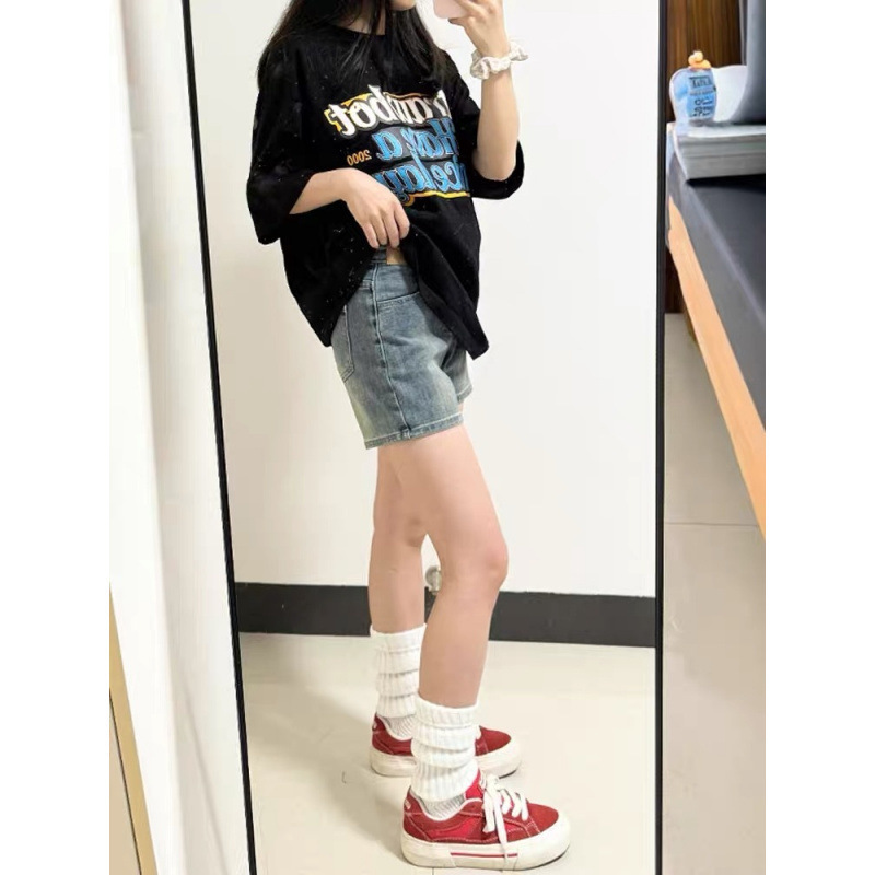 女性用サマーデザインハイウエストデニムショートパンツ、スリムホットガールAラインパンツ、アメリカンレトロルーズワイドレッグホットパンツ|undefined