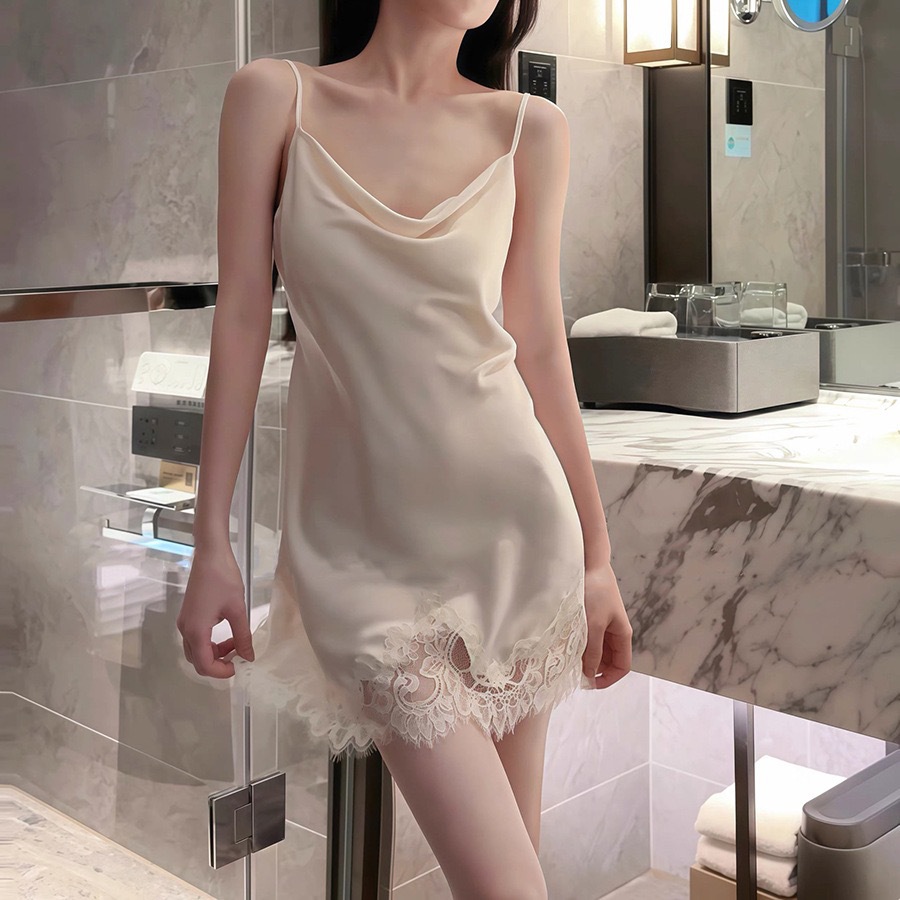 Sexy French Swing Collar Pajamas for Women Summer Pure Desire with Breast Pads Ice Silk High-End Lace Suspender Nightgown Robe Set