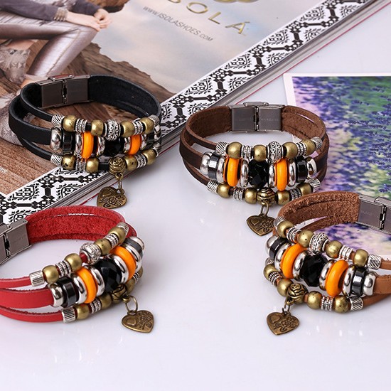 韩版不锈钢扣串珠牛皮手链简约个性小清新学生饰品酒吧街舞配饰