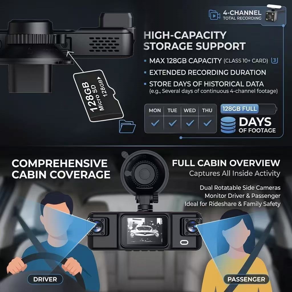 New cross-border dashcam with HD 1080 four-camera recording, WiFi mobile phone connectivity, reversing image, night vision, and four lenses