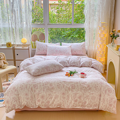 Premium A-grade Washable Cotton Double-Layer Gauze Four-Piece Set with Small Floral Print: Duvet Cover, Fitted Sheet, and Bed Sheet – Perfect for Student Dorms