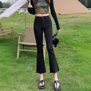 黑色微喇牛仔裤女2024春秋冬季加绒七分小个子高腰显瘦九分喇叭裤