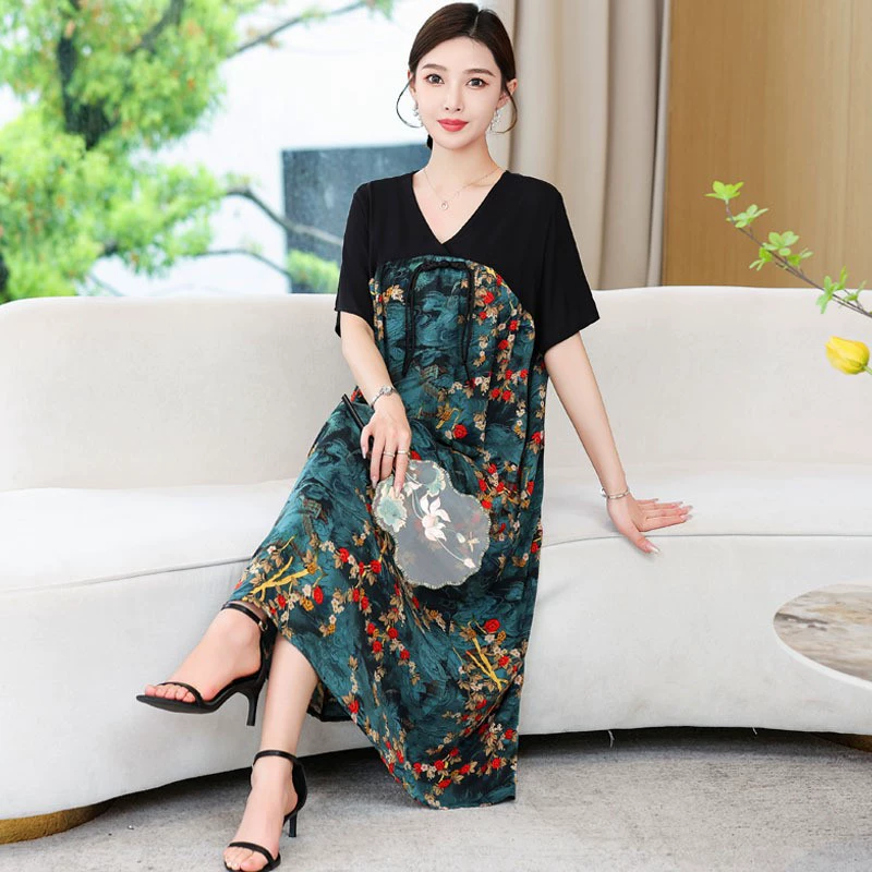 Новая модель высокого класса мама среднего возраста летний стиль cheongsam хлопковое шелковое платье среднего и пожилого возраста новая китайская юбка 50