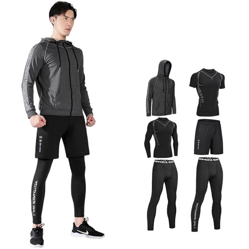 Men's Summer Fitness Suit Running Quick-Drying Clothing Morning Run Training Outfit Outdoor 5-Piece Set Long Sleeve