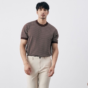 Summer Men's High-end Casual Striped Crewneck Knitted T-shirt Anti-bacterial No-iron Slim-fit Green Short-sleeved Trendy