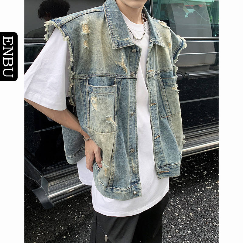 Enbu Summer Cool Trendy Jeans Loose Fit Men's Sleeveless Vest Youth Denim Jacket