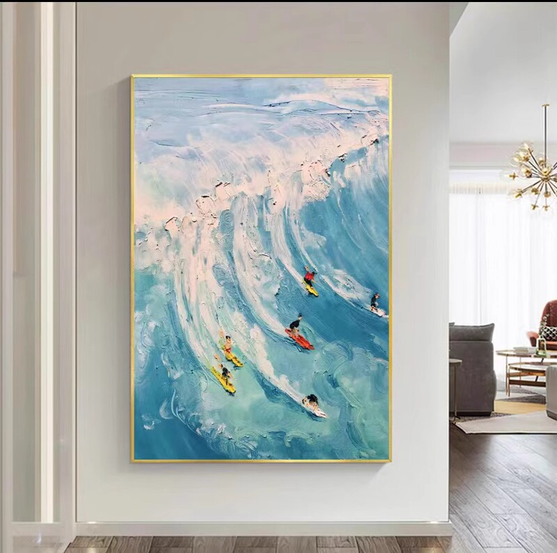 新中式玄关抽象锦鲤客厅装饰画蓝色海浪九鱼图装饰挂画寓意好壁画|undefined