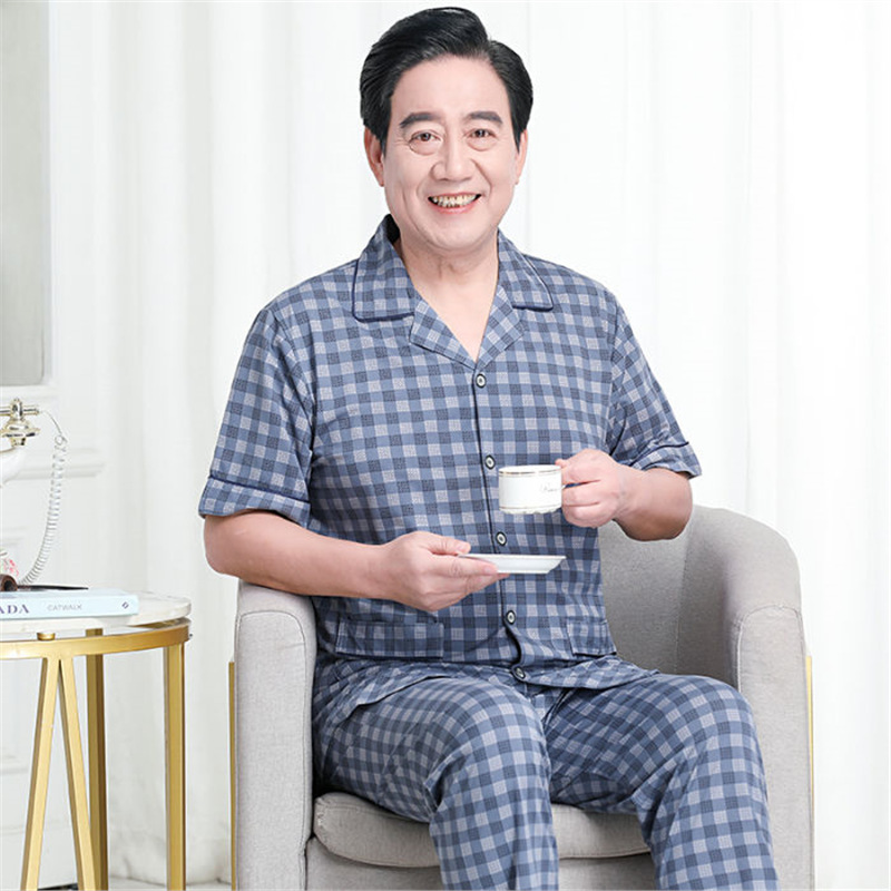 Pajamas de algodón delgado de manga corta para hombres, pajamas de verano, abuelos, padres, pajamas de verano, cuadros
