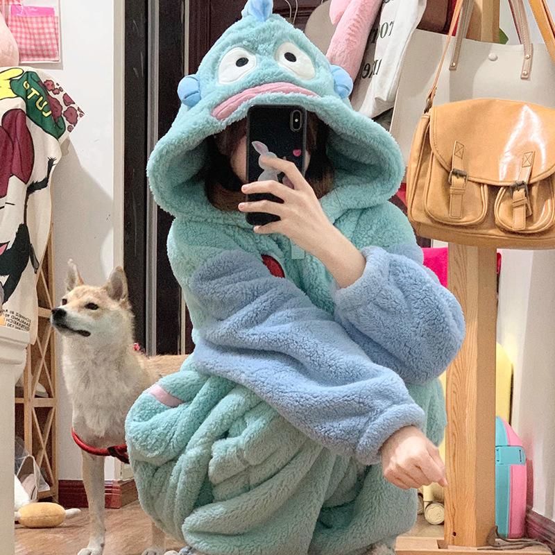新款春秋季可爱小丑鱼珊瑚绒连体睡衣女加绒加厚冬季家居服可外穿|undefined