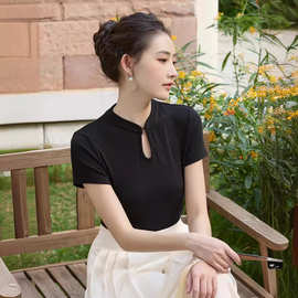新中式镂空半高领短袖上衣春时尚流行简约百搭休闲纯色T恤