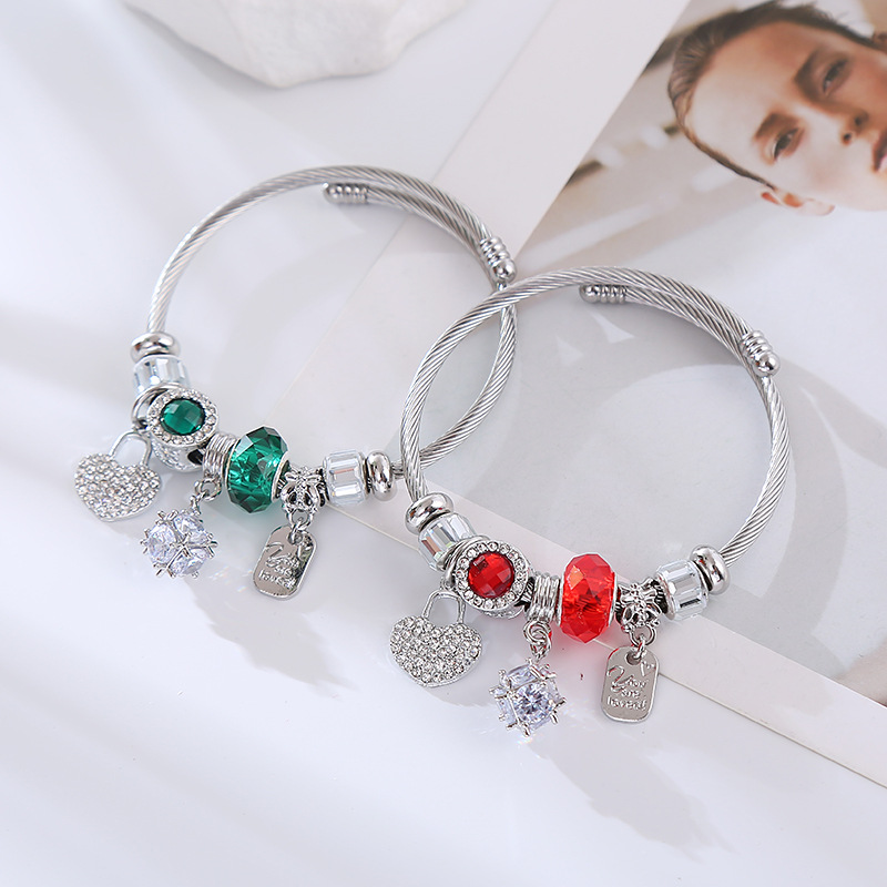 Pandora Style Heart Lock Bracelet Alloy Diamond Encrusted Bangle_voghion.com