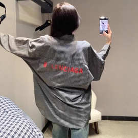 毒家现货正确版本原标巴黎B家新款字母印花格纹长袖衬衫衬衣男女
