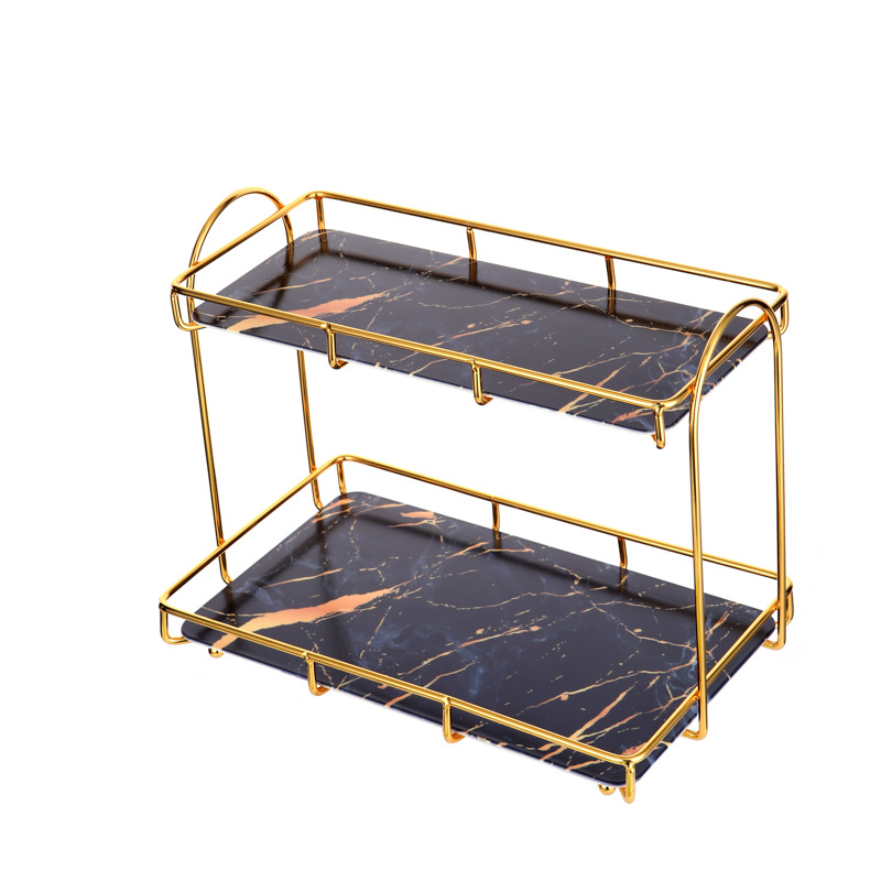 Oro de doble capa de hierro aseo organizador rack de baño aseo rack de almacenamiento de cosméticos de escritorio rack de almacenamiento desmontaje