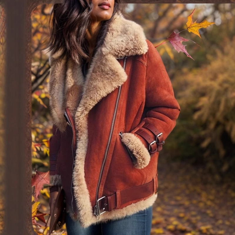 Motorcycle Suede Lamb Wool Jacket Women's Lapel Fur Cotton Coat Autumn and Winter Women's Jacket