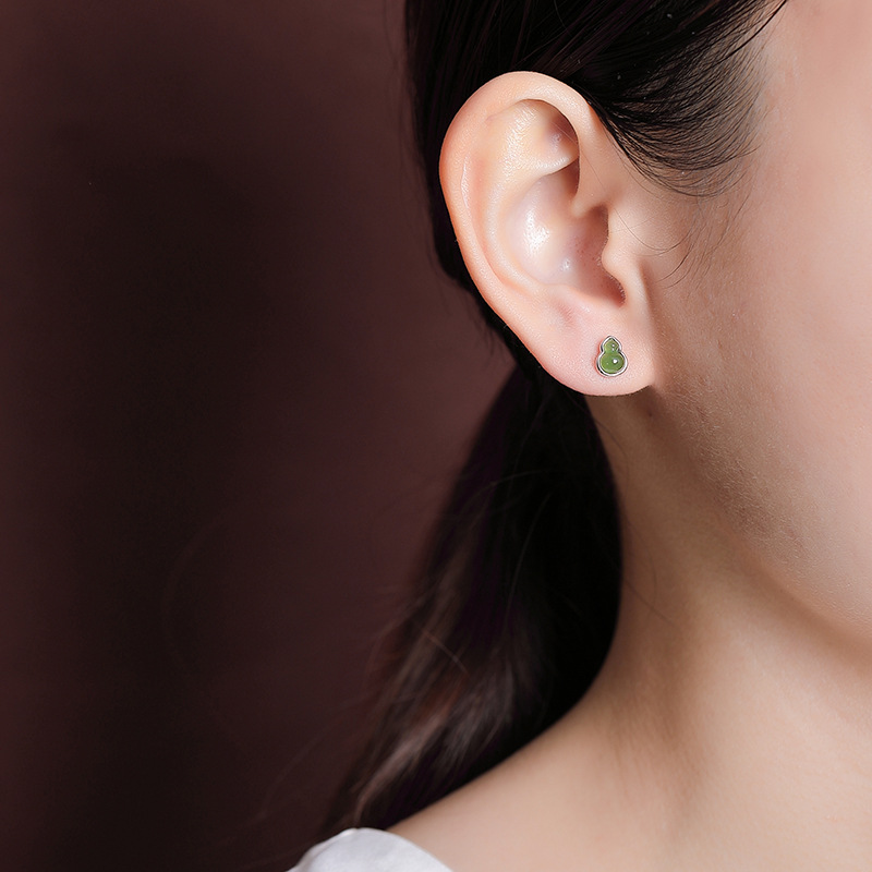 Bông tai bạc S925 mạ vàng đính ngọc bích jasper phong cách retro đơn giản — Kiểu màu bạc