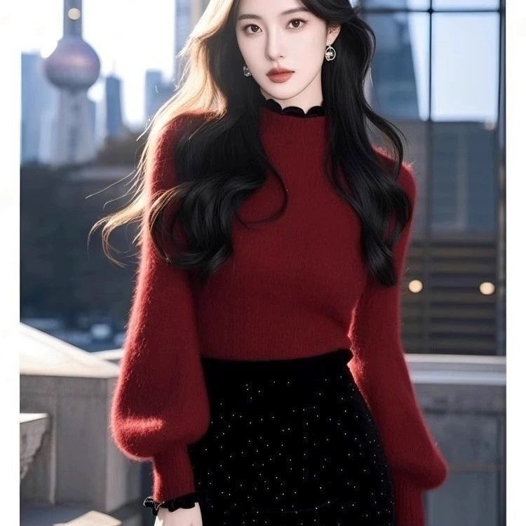 2025 Christmas and New Year Atmosphere Knitted Sweater Top for Women, Autumn and Winter Style, Elegant Inner Wear, Half-Turtleneck Red Sweater, Cotton 2025 Christmas and New Year Atmosphere Knitted Sweater Top for Women, Autumn and Winter Style, Elegant Inner Wear, Half-Turtleneck Red Sweater, Cotton