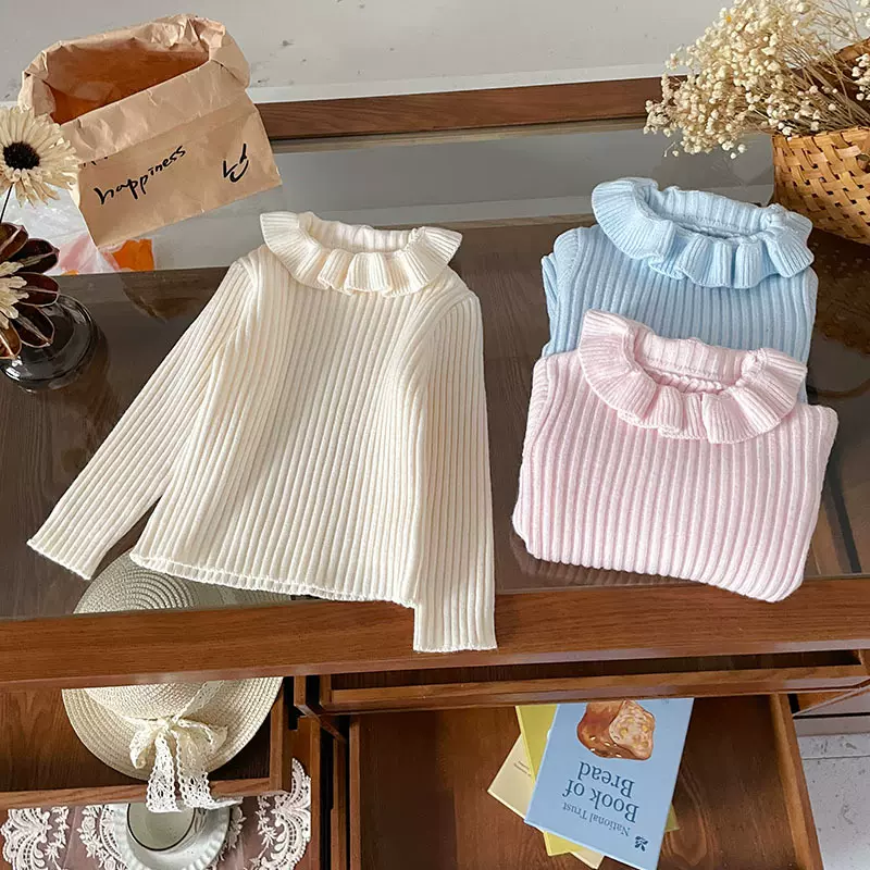 【现货】QY259738女童针织衫2025秋季新款木耳花边领竖纹坑条打底