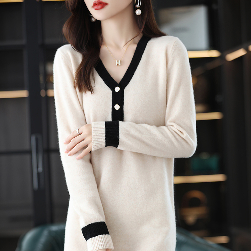 Autumn and Winter New Wool Dress Women's V-neck Slim-fit Knitted Dress All-match Mid-length Pullover Color Matching Dress Long Dress