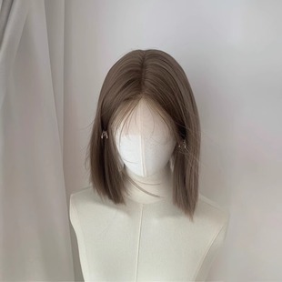 Mina-linen gray-brown one-size-fits-all wig women's full-size forehead lace short hair high temperature silk lanugo bangs