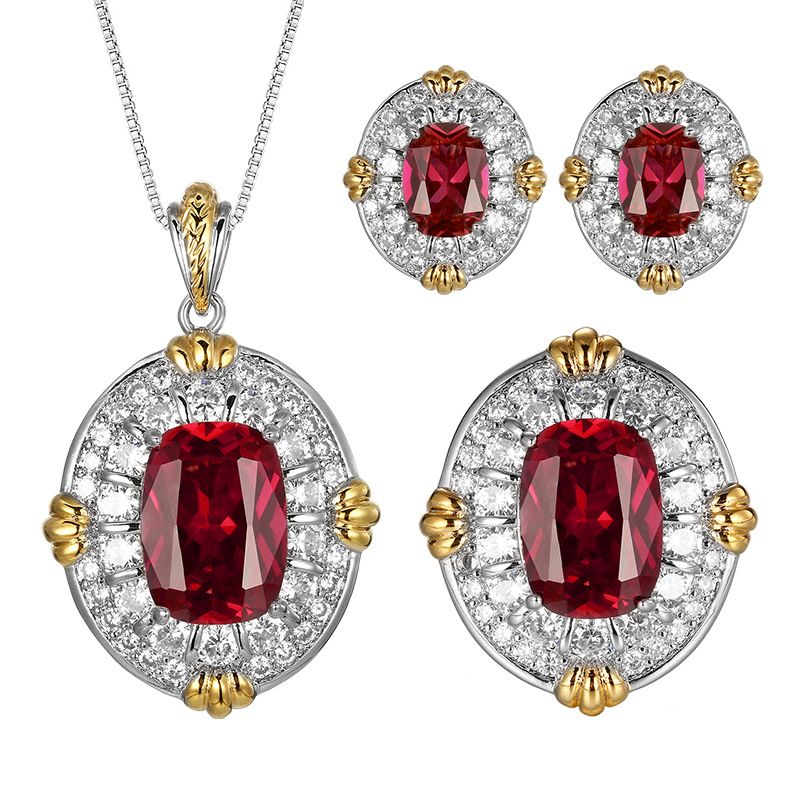 Elegant Ruby And Crystal Pendant Necklace Set With Gold Plated Base_voghion.com