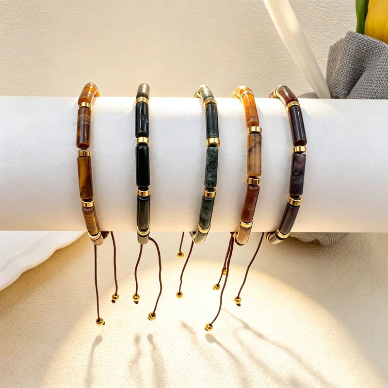 Cross-Border Natural Stone Bamboo Tube Bracelet with Tiger Eye Stone, Obsidian, Stainless Steel Spacers, Adjustable Braided Bracelet Cross-Border Natural Stone Bamboo Tube Bracelet with Tiger Eye Stone, Obsidian, Stainless Steel Spacers, Adjustable Braided Bracelet