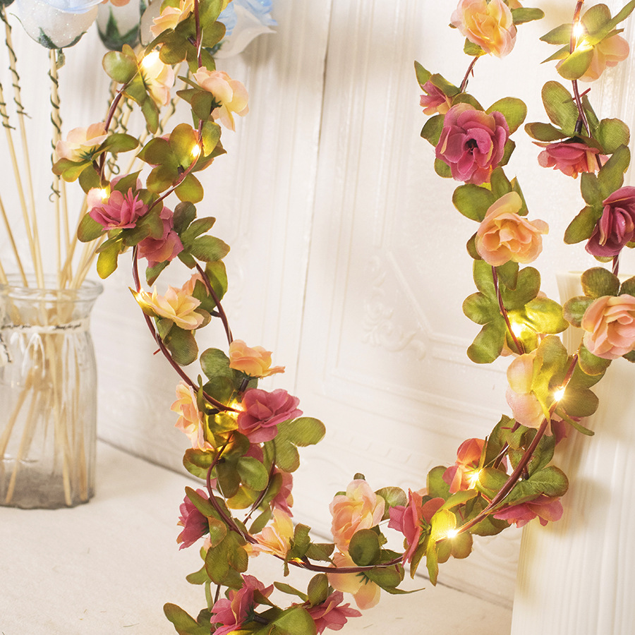 Simulación rosa lámpara de ratán decoración de ratán hotel de flores enrollado falso arte floral seda luz de colores luz intermitente decoración luz de alambre de cobre