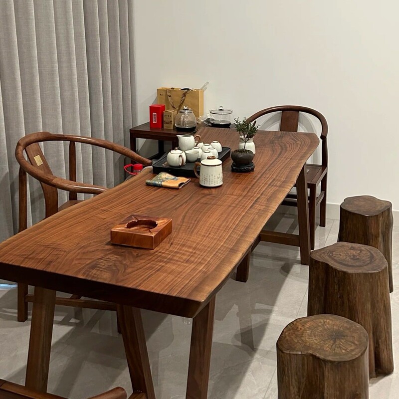 胡桃木实木大板茶桌整块原木茶几组合新中式干泡茶台家用办公茶桌|undefined
