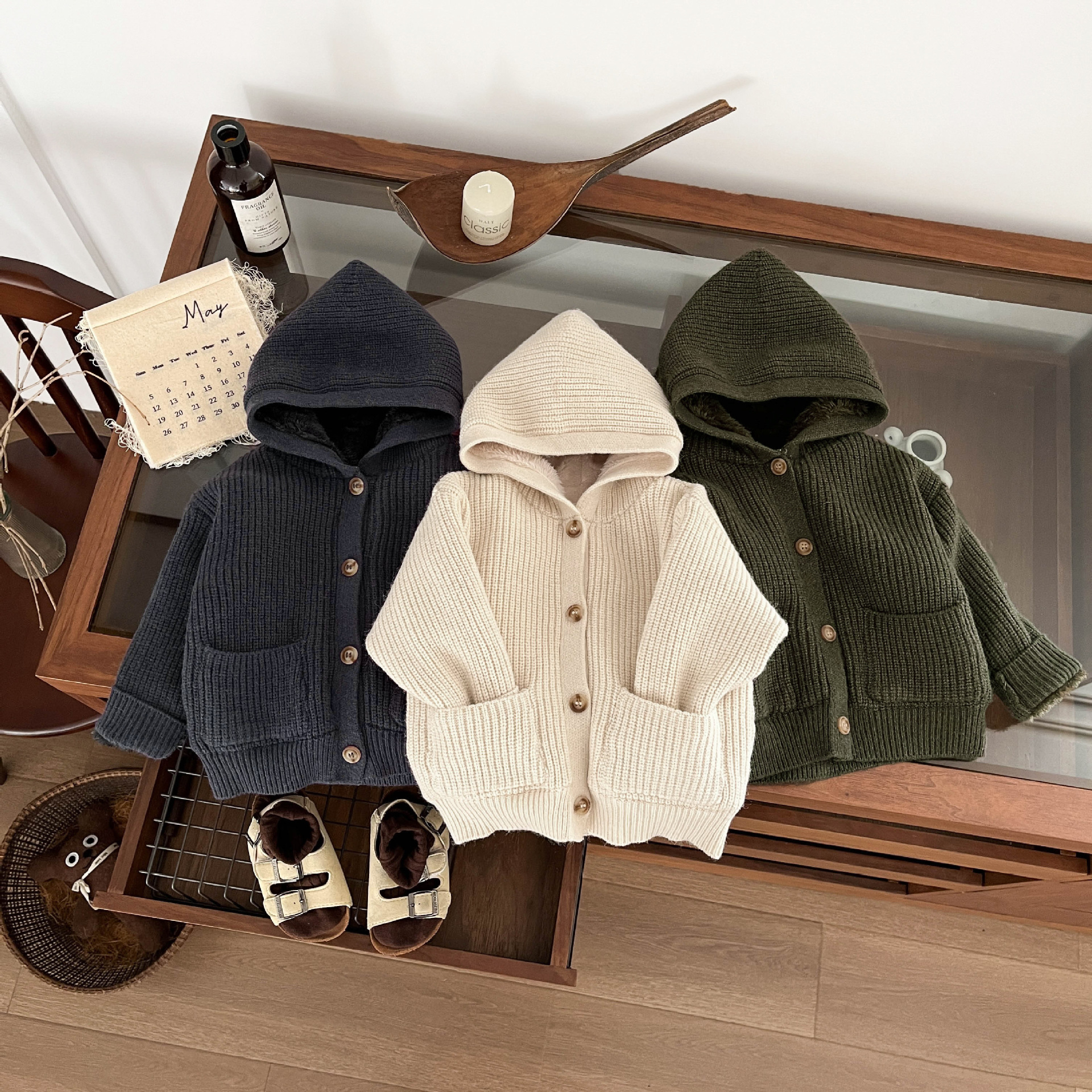 韩版男童冬季加绒毛衣洋气女宝宝连帽加厚针织开衫婴幼儿保暖外套