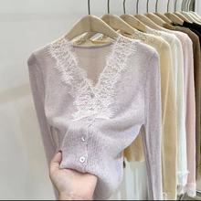 v领长袖针织衫女秋季微透蕾丝拼接设计感小众毛衣外套氛围感开衫