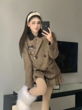 秋冬学院艺术系女孩棕色复古格毛呢套装西装+百褶裙两件套潮