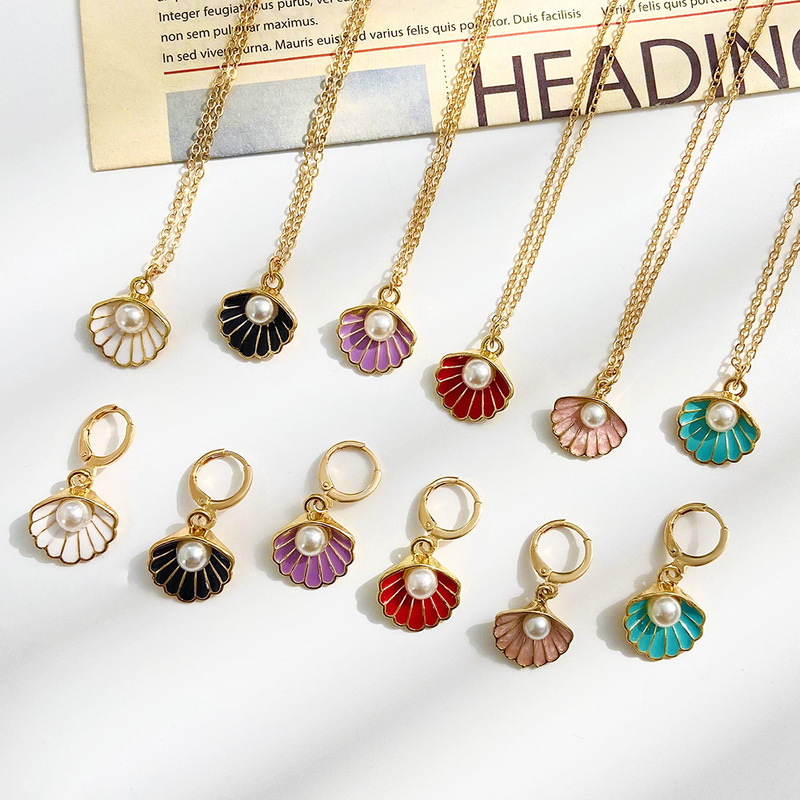 Cross-border European and American fashion temperament pearl shell color drop necklace earrings net red temperament earrings jewelry suit