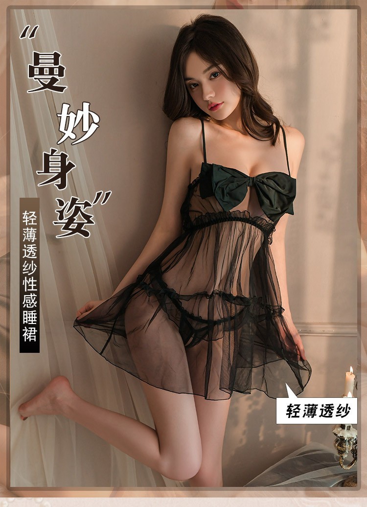 Sheer Bowknot Strap Nightdress with Open-Crotch Design and Black Stockings — detail image 1