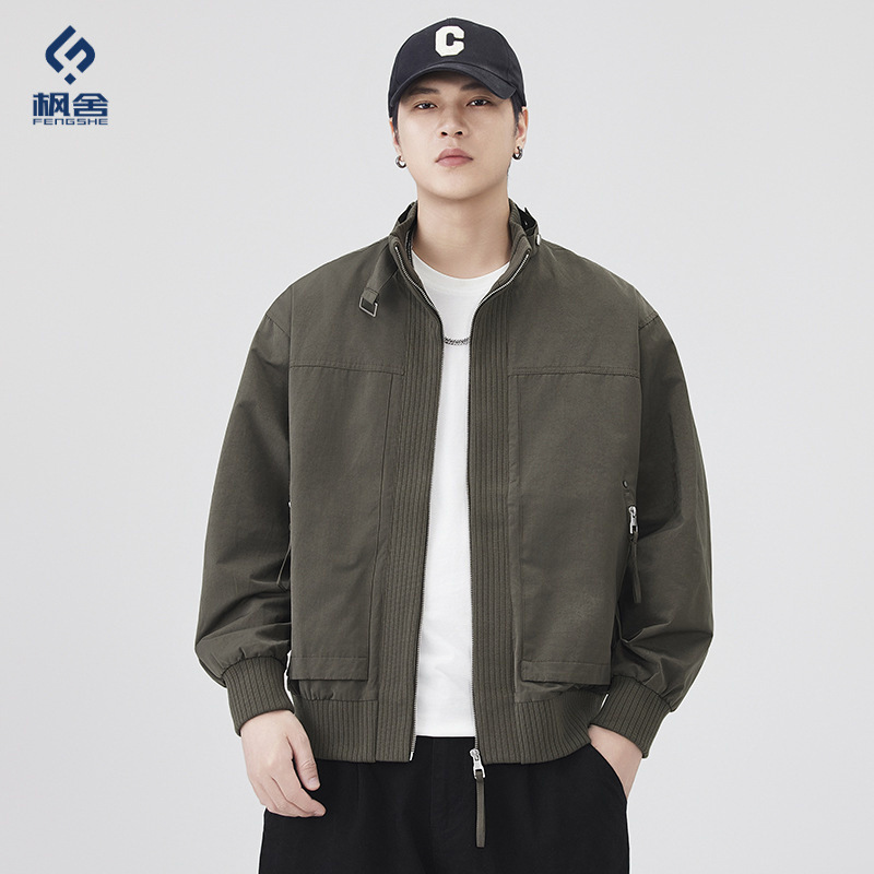 Fengshe Men's Clothing / American Tough Guy Style Stand Collar Work Jacket for Men, New Spring and Autumn Loose Fit Pilot Jacket for Men Fengshe Men's Clothing / American Tough Guy Style Stand Collar Work Jacket for Men, New Spring and Autumn Loose Fit Pilot Jacket for Men