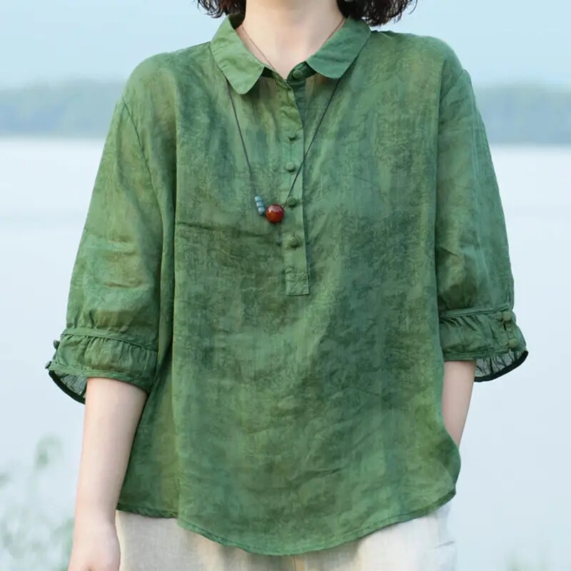 Artistic Print Retro Mid-sleeve Shirt Women's Summer 2024 New All-match Shirt Loose Casual Polo Collar Top