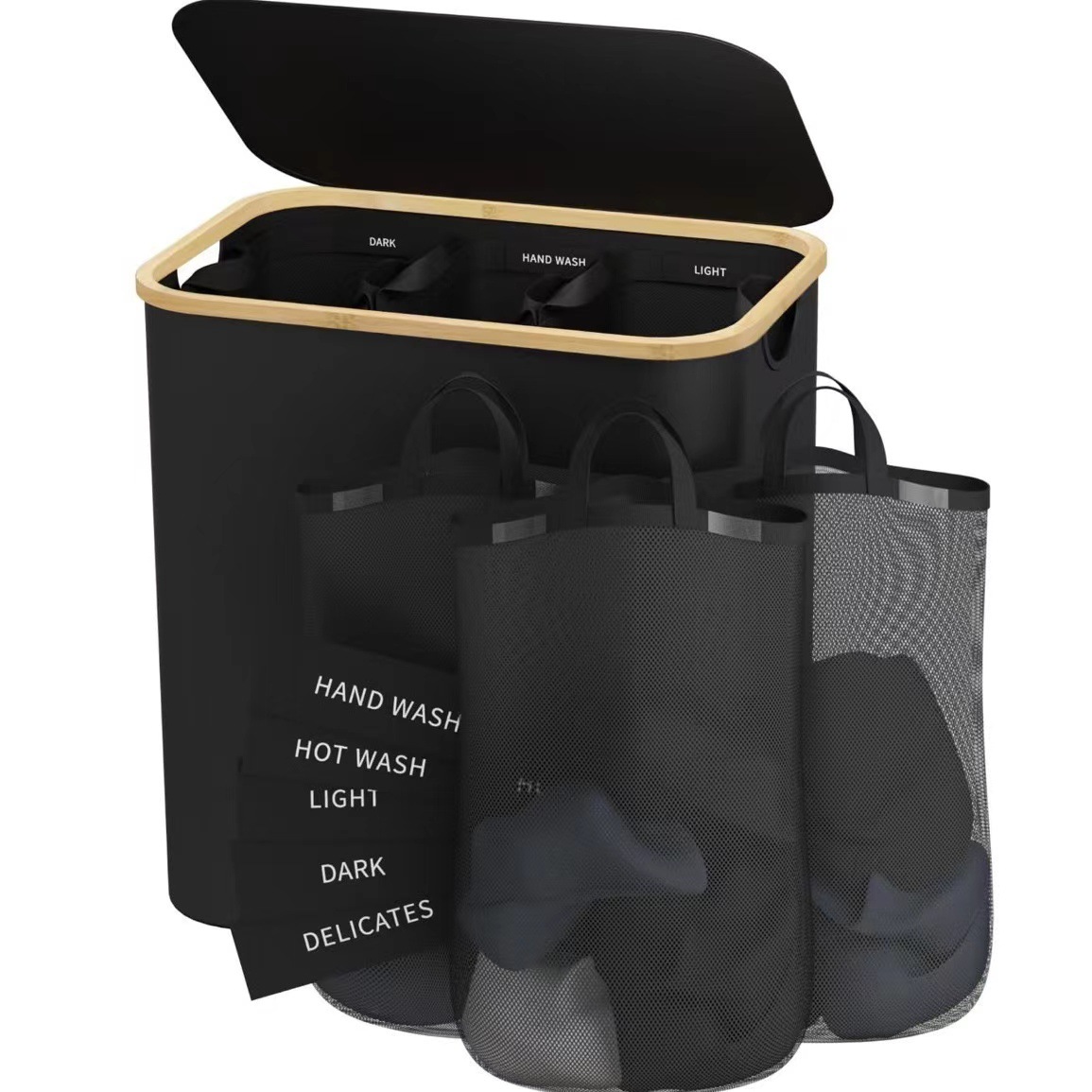 Cross-border Japanese bamboo and wooden dirty clothes basket bedroom with inner bag with lid foldable dirty clothes storage basket bathroom partition