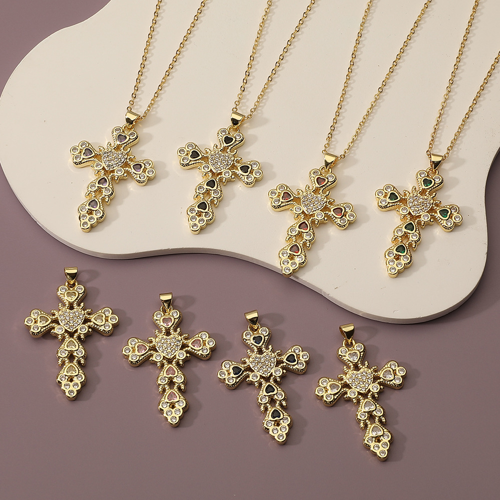 Retro Cross Copper Plating Inlay Zircon Pendant Necklace display picture 3