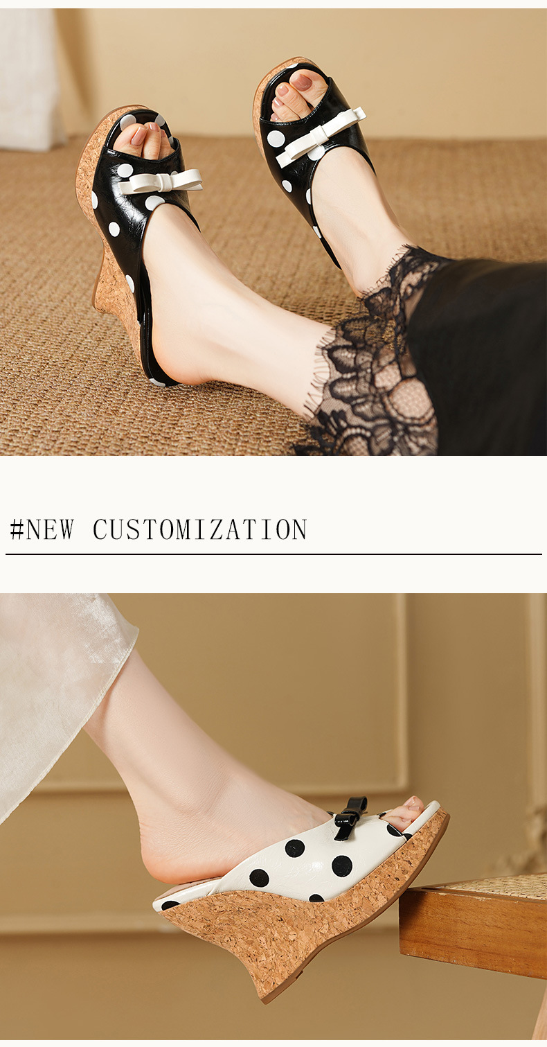 Sandal hở mũi nữ gót xuồng cao 9 cm, quai ngang đính nơ bướm chấm bi, đế dày — màu đen, màu trắng ngà chi tiết 3