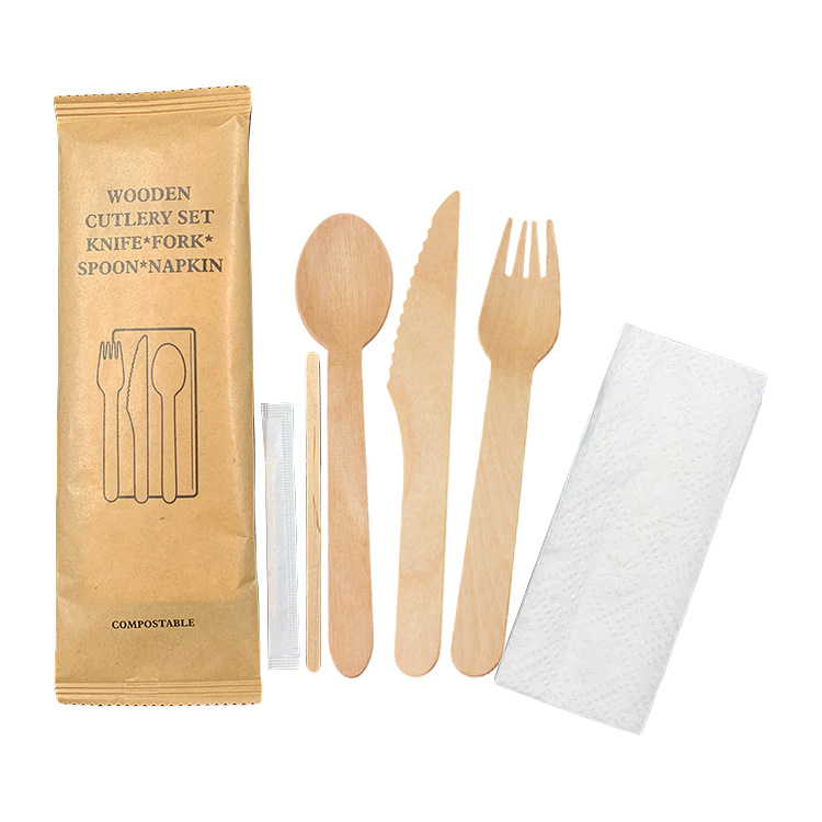 160 Juego de vajilla desechable de comida occidental degradable Juego de servilletas de madera con cuchillo, tenedor y cuchara Vajilla para llevar