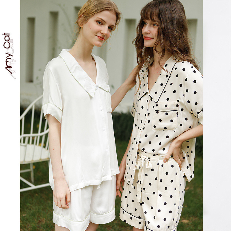 Spring and summer rayon satin home clean color short sleeve shorts pointed collar two-piece suit women's pajamas multi-color optional 8t Spring and summer rayon satin home clean color short sleeve shorts pointed collar two-piece suit women's pajamas multi-color optional 8t