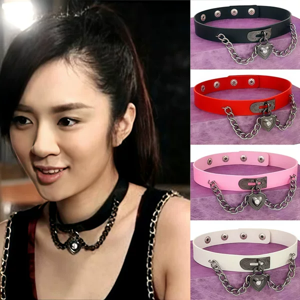 Eco-Friendly Pu Leather I Love Boyfriend Wang Xiaochen Style Necklace European and American Punk Harajuku Style Heart-Shaped Lock Choker Neckband