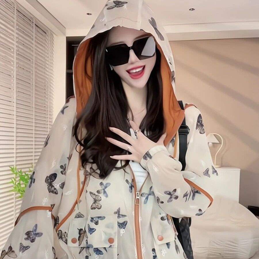 Doble bolsillo de hielo con capuchón ropa de protección solar impresión de verano 2026 suelta ropa de protección solar de manga larga camiseta de mujer image 7