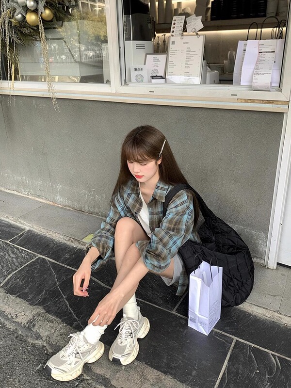 蓝色格子衬衫外套女韩系宽松慵懒风2025春夏新款休闲百搭长袖衬衣|undefined