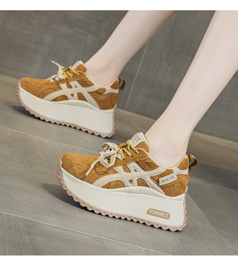 Giày sneaker nữ đế dày tăng chiều cao 7 cm phong cách đa năng mùa thu đông — M2999 li đơn màu vàng, M2999-1 màu vàng nhung, M2999-1 màu nâu cộng nhung, M2999 lớp lót đơn màu nâu chi tiết 13